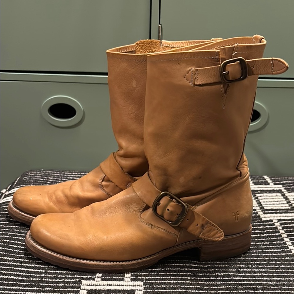 Frye Tan Ankle Boots with Straps and Rubber Sole